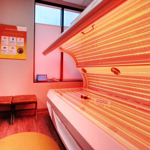 A red light therapy room